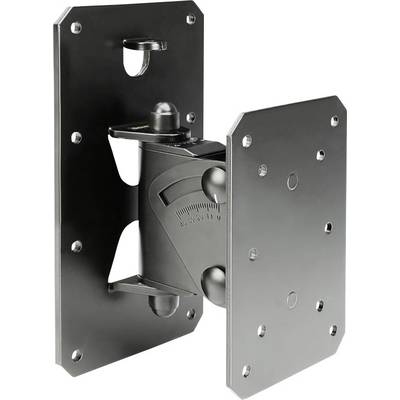 A black adjustable wall mount bracket with multiple screw holes and a pivot joint for securing and angling a TV or monitor.