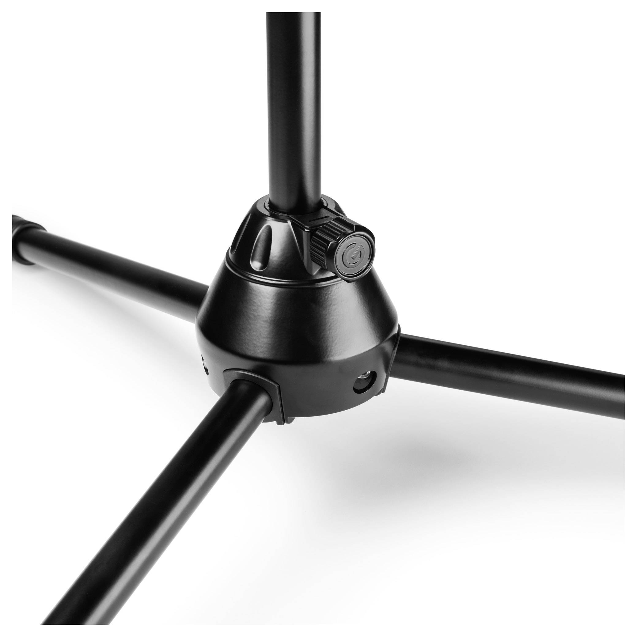A close-up of a tripod base, showing three legs extending outward from a central pivot with a tightening knob for adjusting angles.