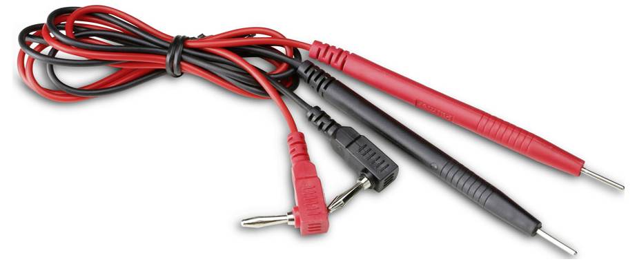 Red and black multimeter test leads with metal probes and banana plugs on ends, used for measuring electrical parameters.