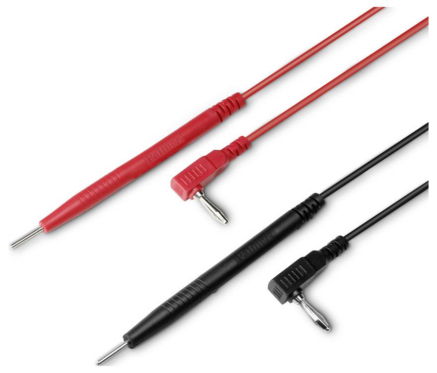 Two multimeter test leads, one red and one black, with safety jacks and pointed metal tips, used for electrical testing.