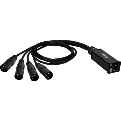 A black audio splitter cable branches from one rectangular plug into four smaller connectors, typically used for professional audio equipment.