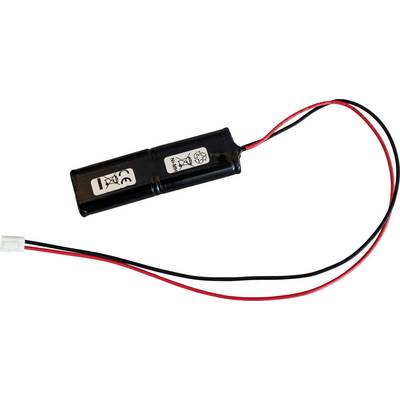 Black battery pack with red and black wires leading to a small white connector<br>