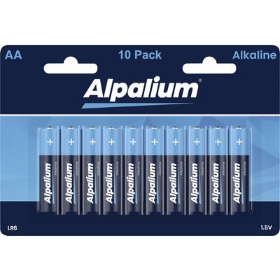 'AA Alkaline Alpalium Batteries, 10 Pack, 1.5V, Model LR6'. Batteries arranged in two rows of five on blue packaging.