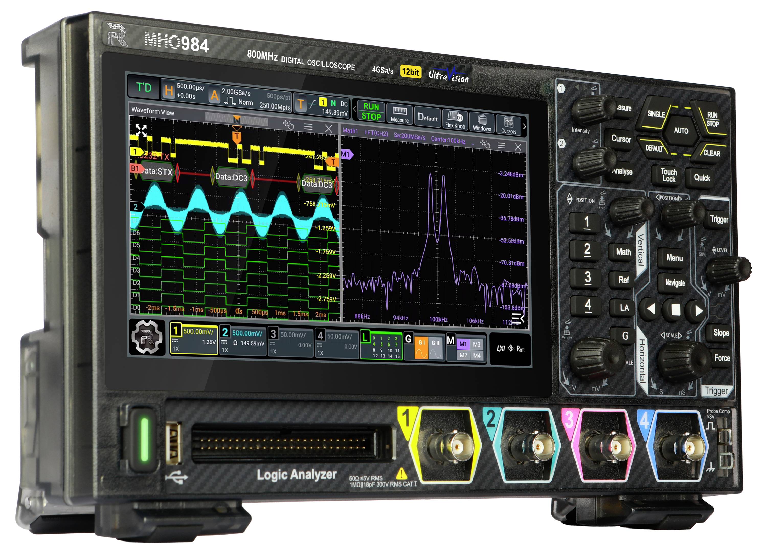 'A digital oscilloscope displaying waveform and spectrum analysis on screen, with control knobs and ports visible on the front panel.'