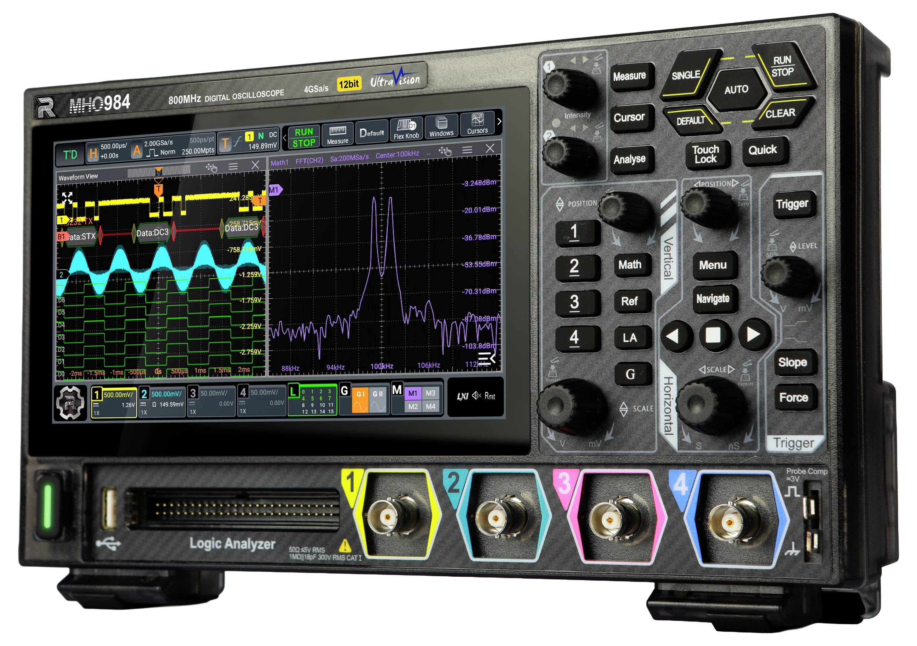 A digital oscilloscope displaying waveform data on a colorful screen with numerous labeled buttons and dials for measurement control.
