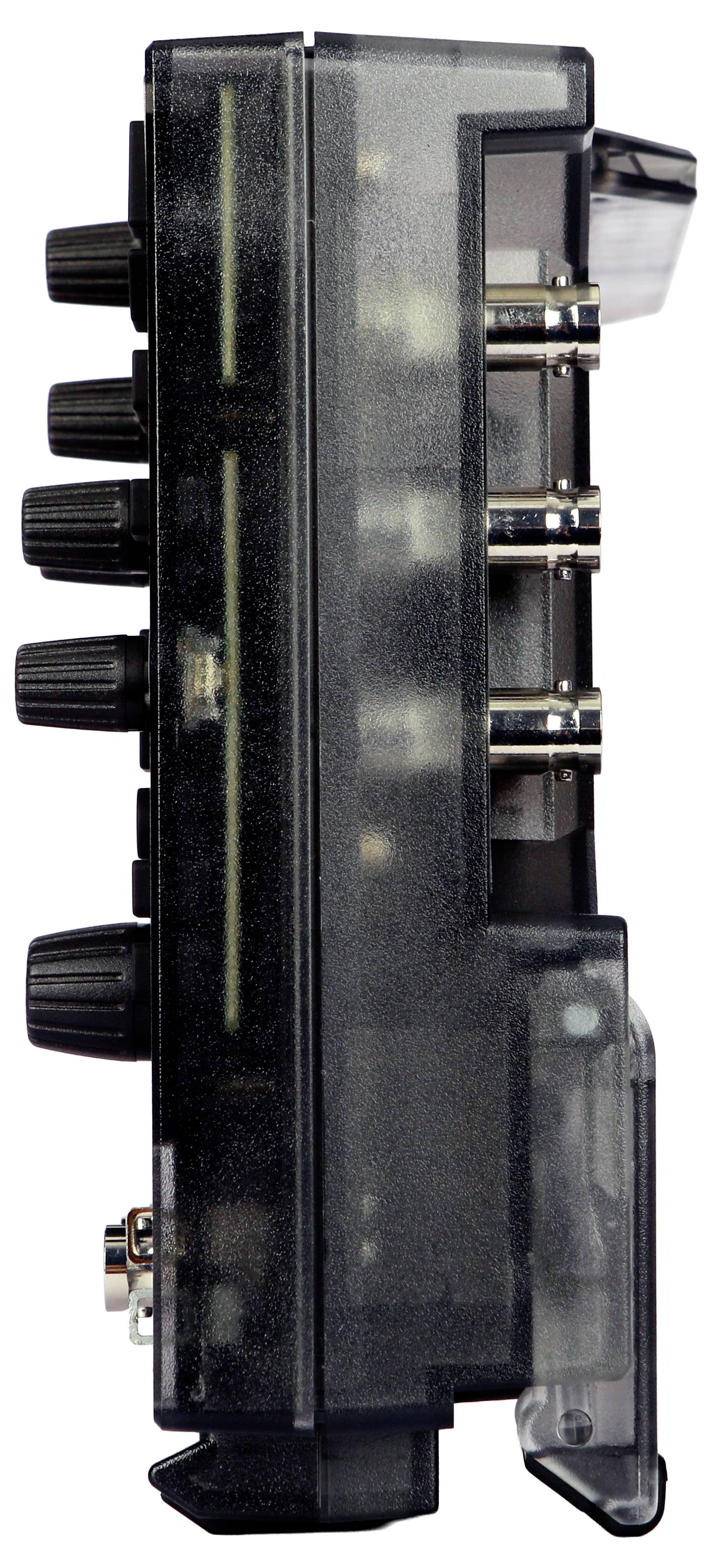 A close-up side view of a four-channel audio mixer, showing knobs and input connections, in a clear plastic casing.