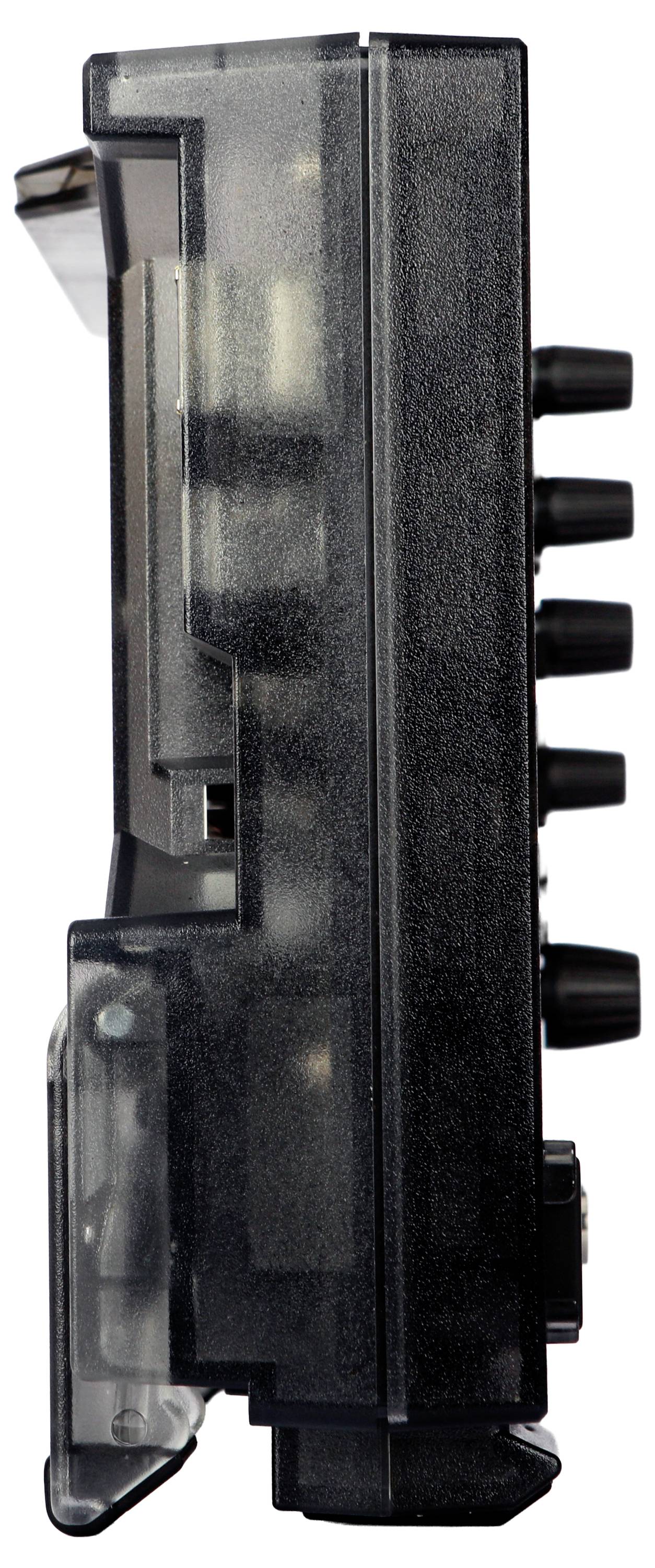 Side view of a transparent black audio cassette with visible reels and buttons.