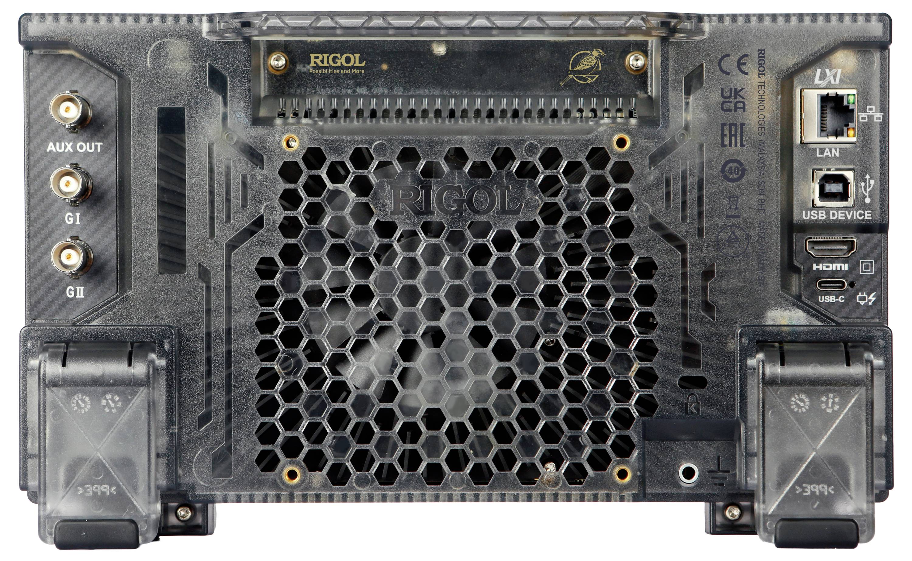Back view of a Rigol electronic device showing ventilation grille, two cooling fans, and various ports including LAN, HDMI, USB, and AUX OUT.