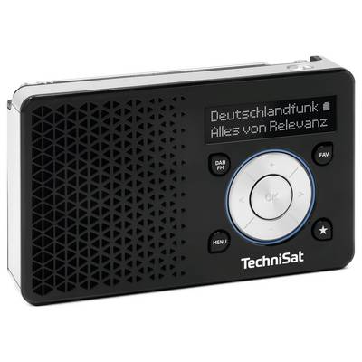 A black portable digital radio displaying 'Deutschlandfunk' and 'Alles von Relevanz' on its screen, with control buttons below.