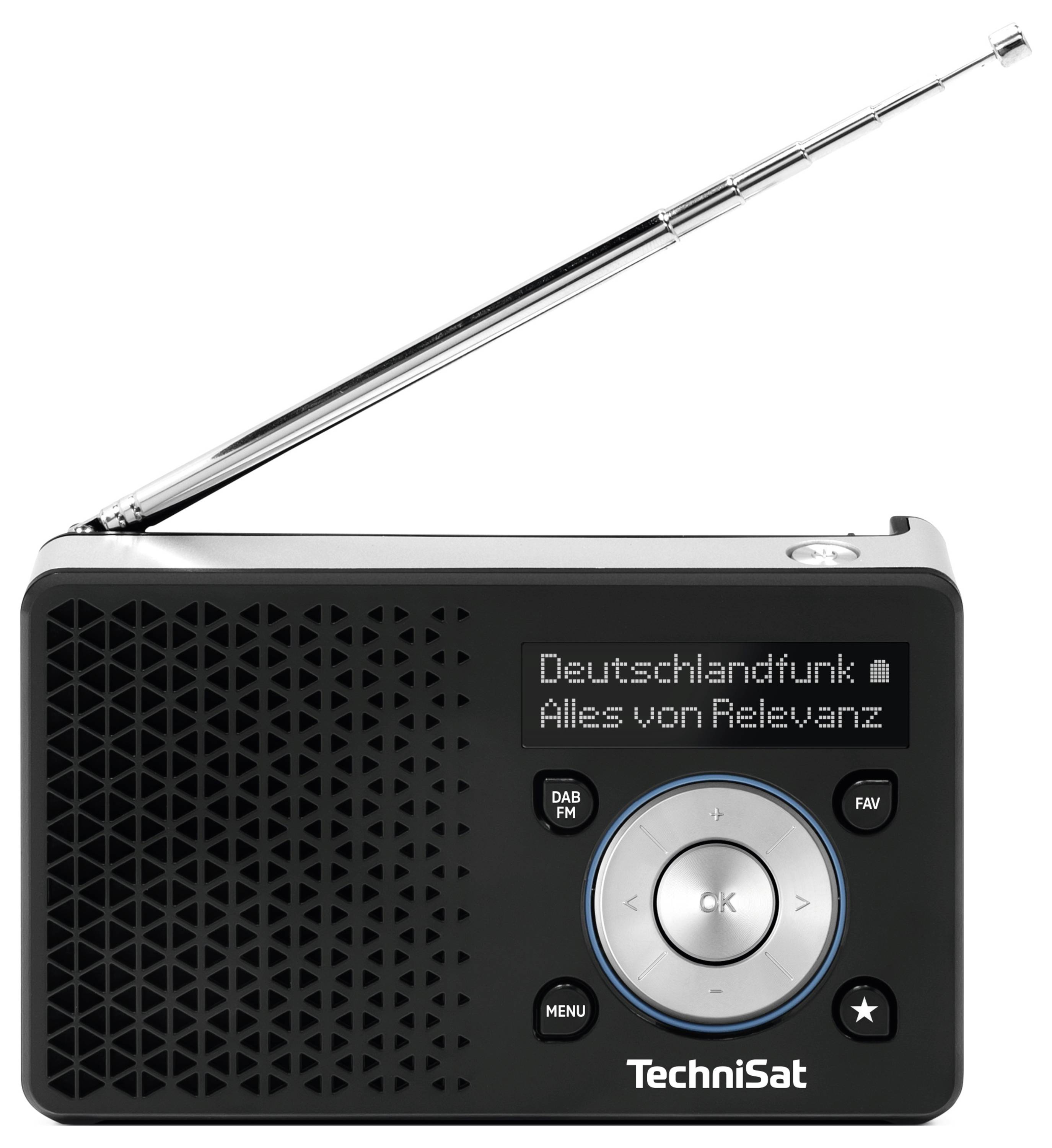 A black portable radio with a long, extended antenna. The display reads 'Deutschlandfunk Alles von Relevanz'. The radio has control buttons.
