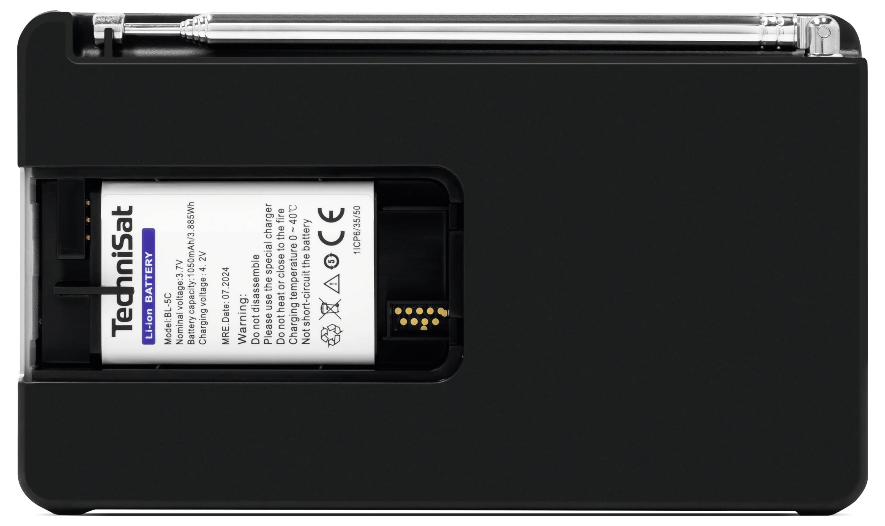 A black battery compartment with an open cover revealing a rectangular battery displaying 'TechniSat' and technical specifications in small text.