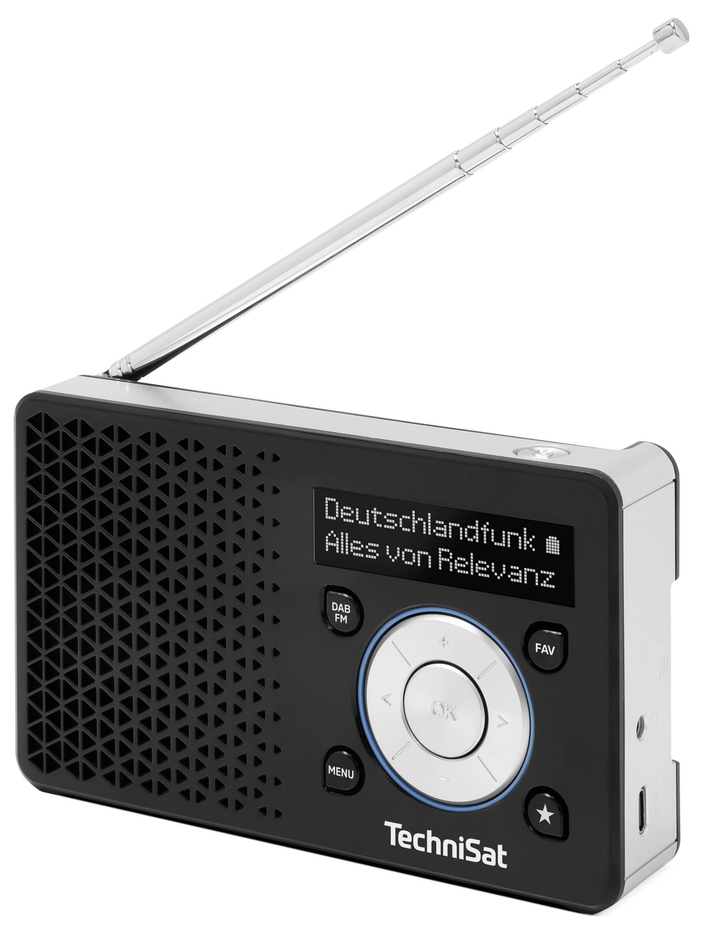 A black portable radio with an extended antenna displays text 'Deutschlandfunk - Alles von Relevanz' on its screen.