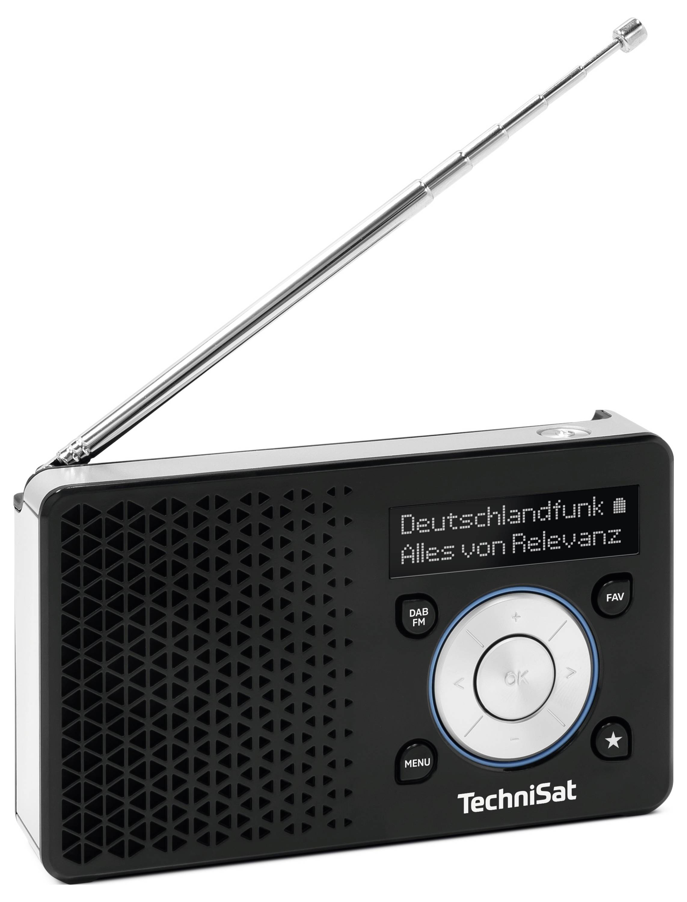 A black portable radio with an extended antenna. The screen displays 'Deutschlandfunk Alles von Relevanz.' Buttons include power, menu, and navigation.
