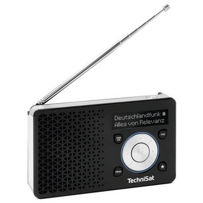 A black portable radio with an extended antenna. The screen displays 'Deutschlandfunk Alles von Relevanz.' Buttons include power, menu, and navigation.