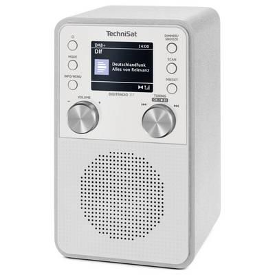 A digital radio displaying a screen with 'Deutschlandfunk Alles von Relevanz', showing mode, info, and control buttons with two dials.