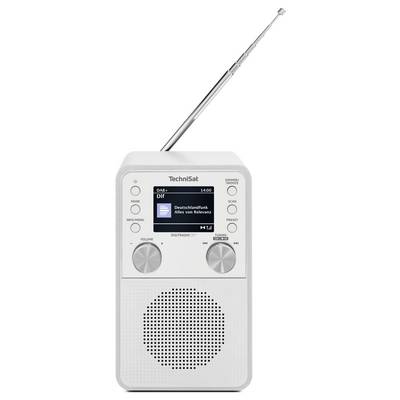 A white portable radio with an antenna extended, featuring a display showing 'Deutschlandfunk' and various control buttons and knobs.