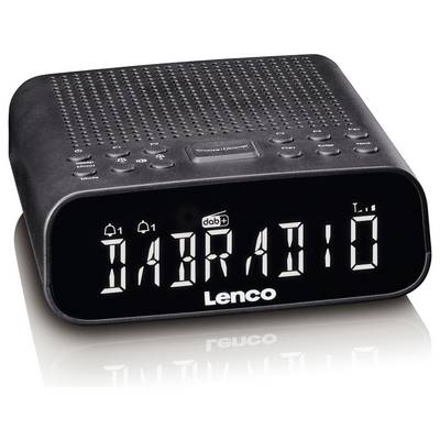 A digital radio with a black rectangular design, displaying 'DAB RADIO' on the screen, with control buttons on the top surface.