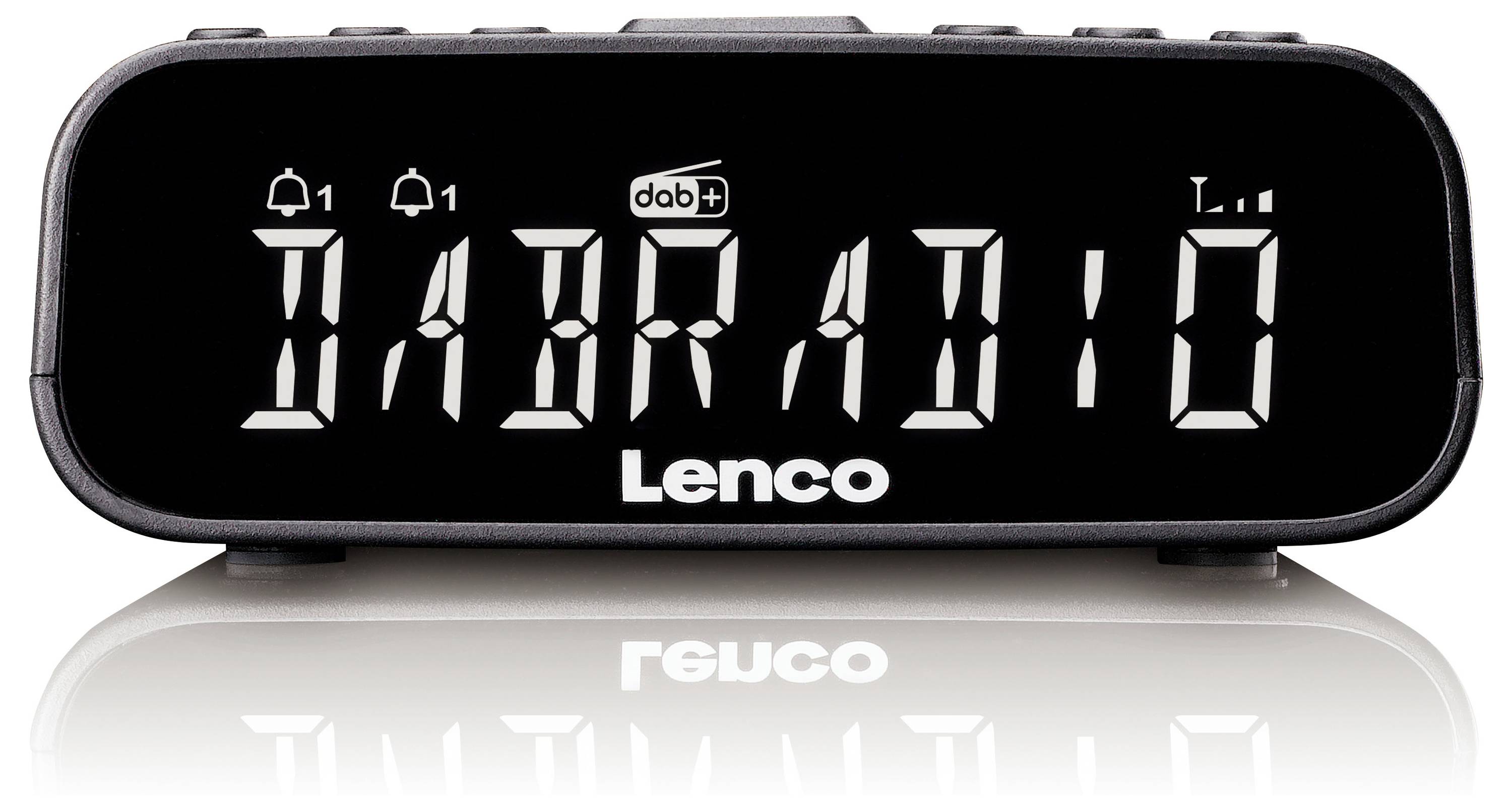 Digital clock displaying 'DAB RADIO', with DAB+ and Lenco branding on a black screen.
