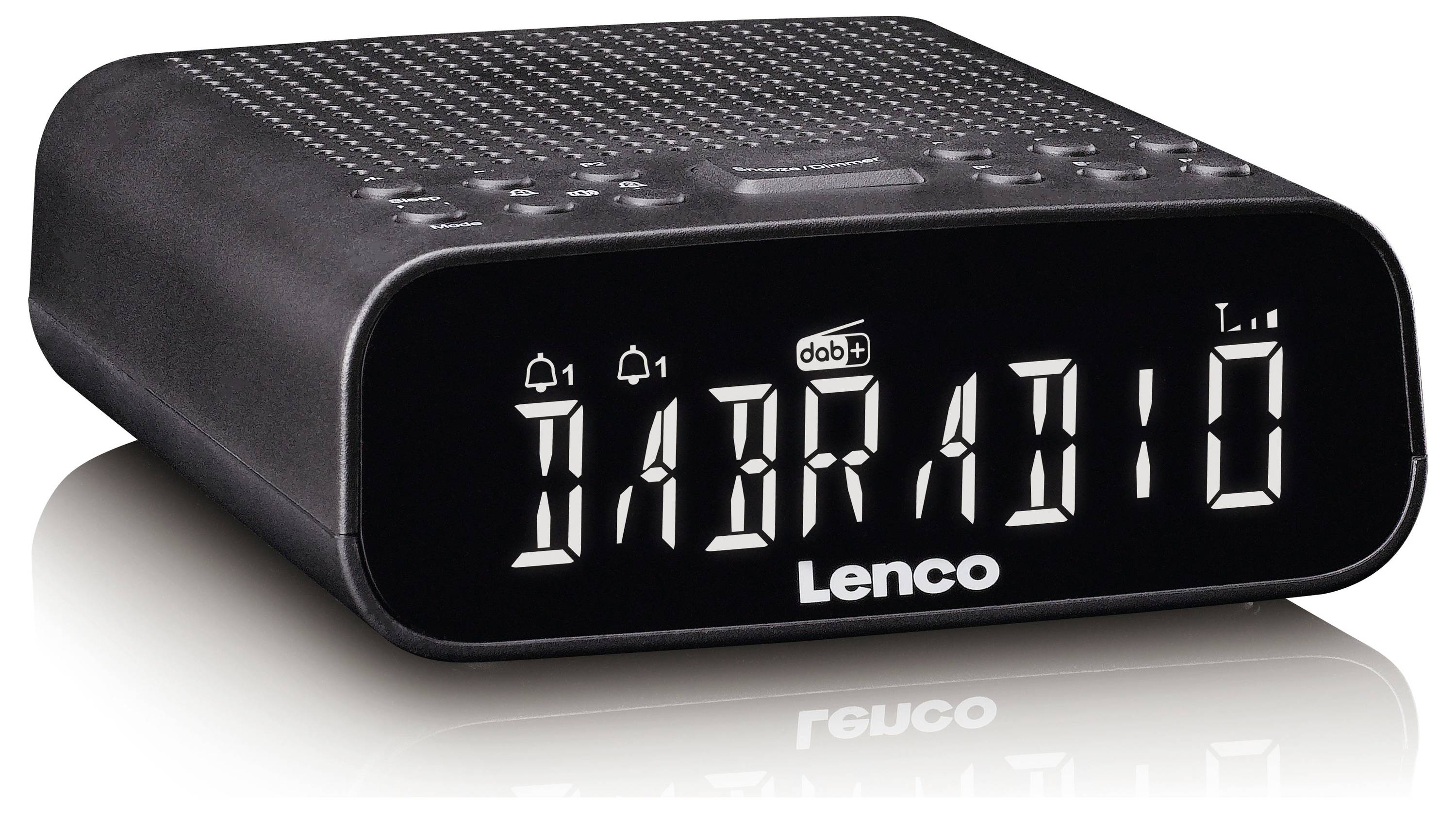 A digital clock radio displaying 'DABRADIO' on the screen. The device is black and compact with button controls on top.