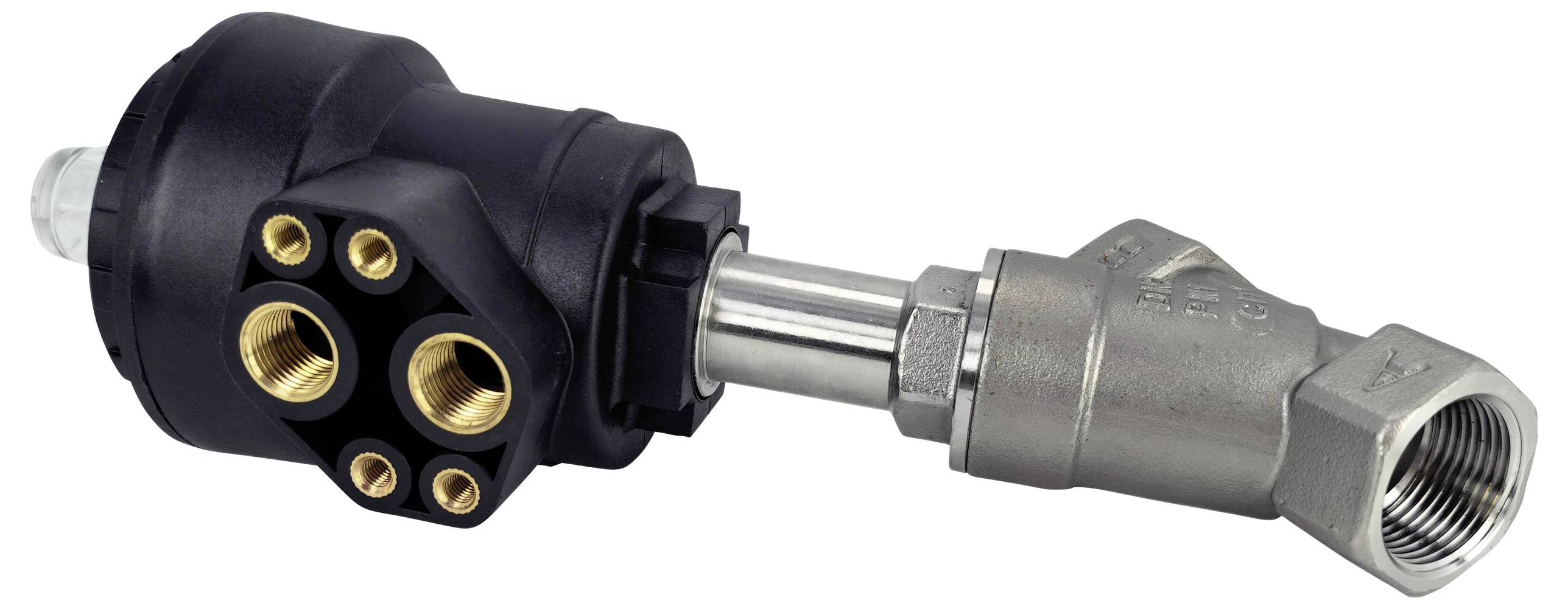 A hydraulic component with a black casing and three gold-colored ports is connected to a metal valve with a threaded end.