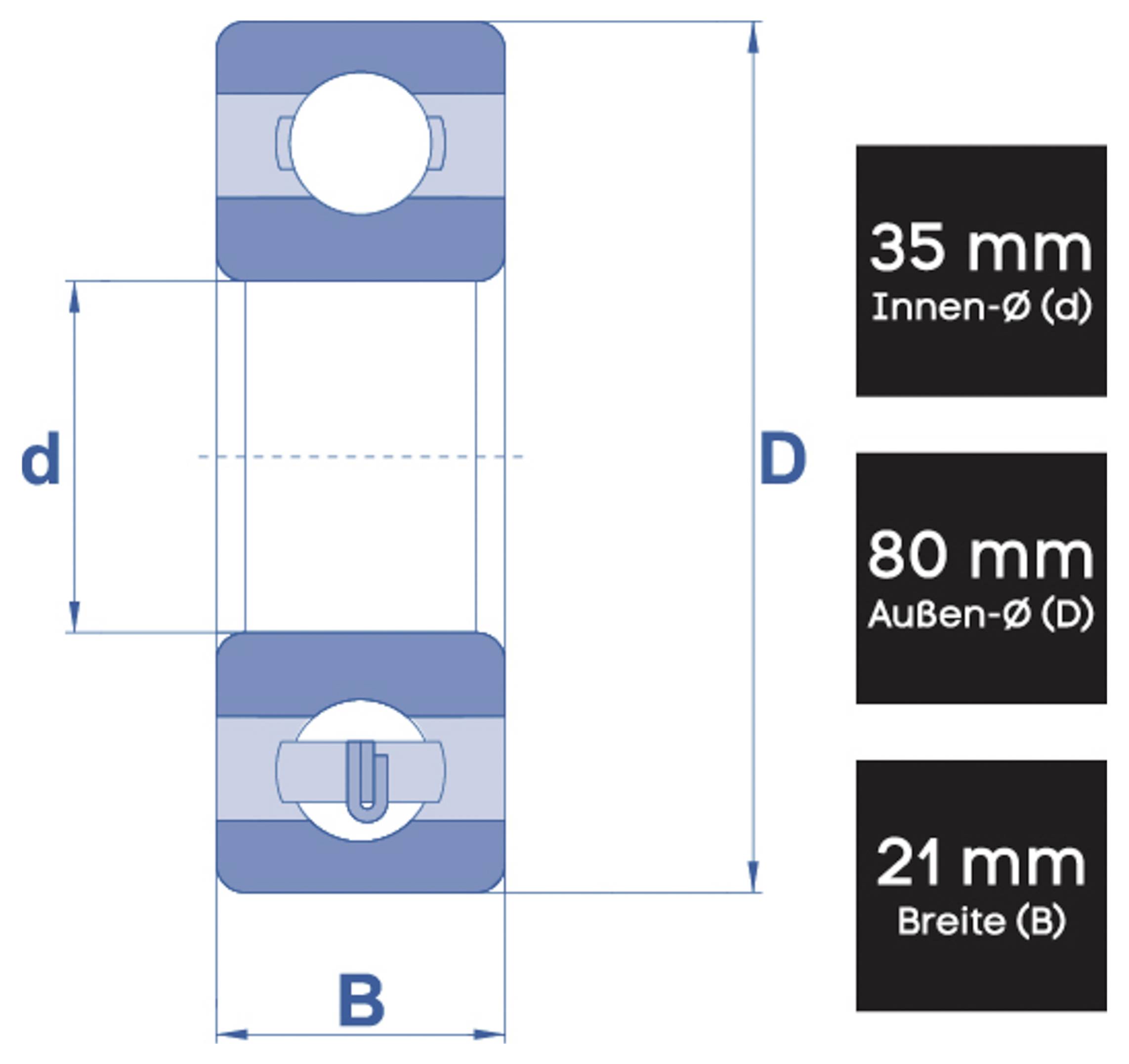 Technical drawing of a cylindrical object with dimensions: inner diameter 35mm, outer diameter 80mm, and width 21mm.
