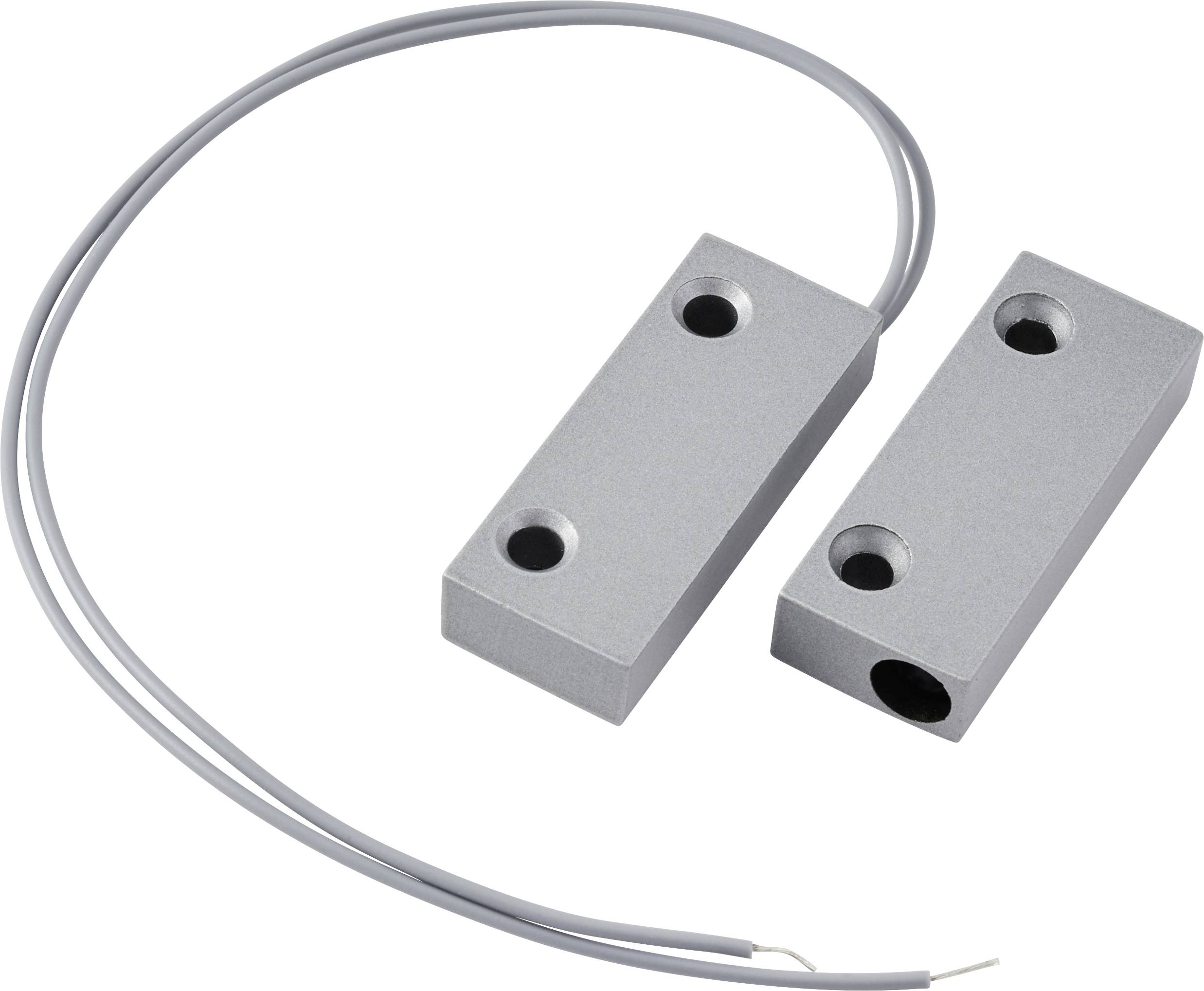 Magnetic sensor with rectangular metal casing and connecting cable, used in security systems to detect door or window opening.