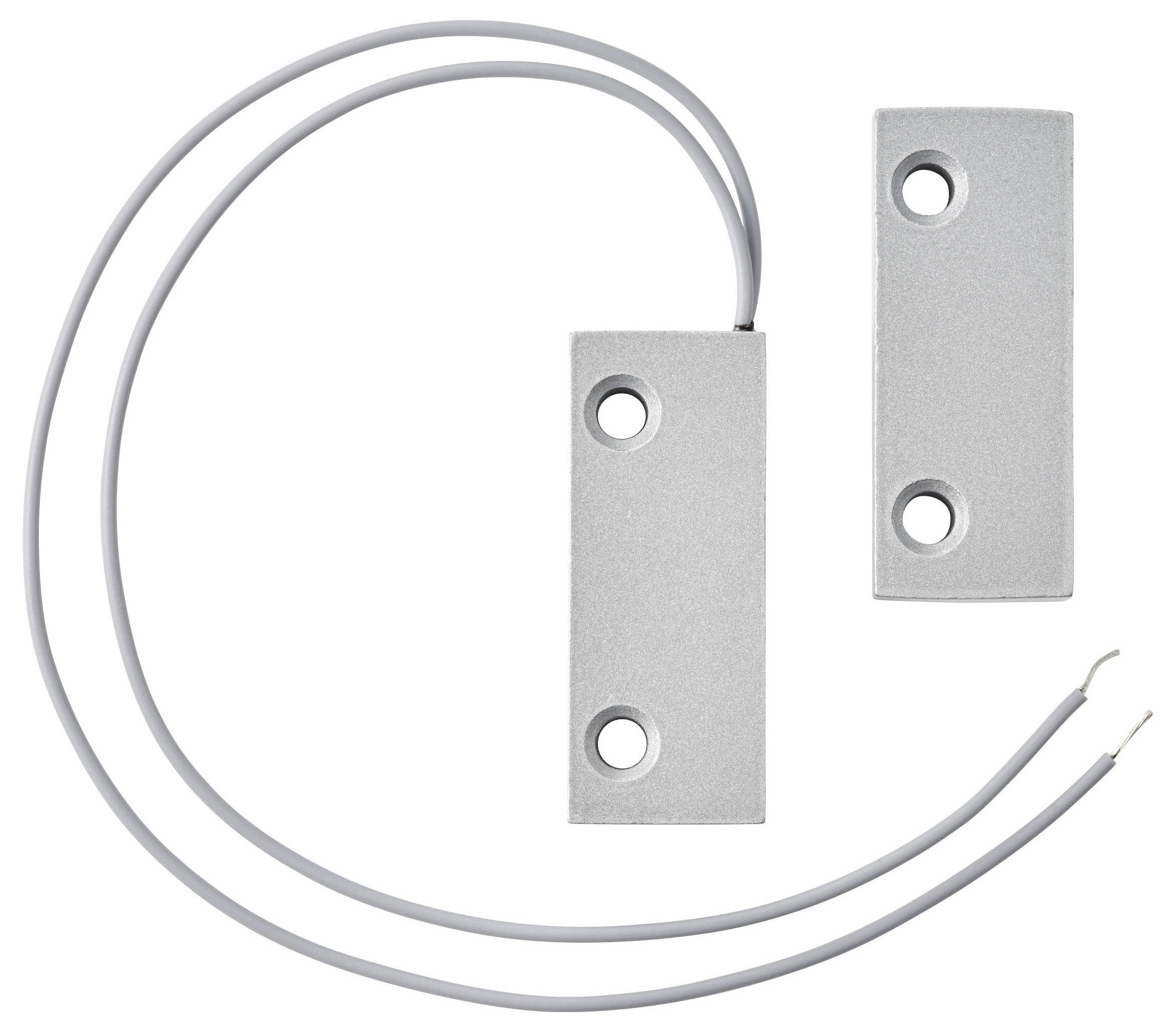 A magnetic contact sensor with two rectangular parts, one with wires, likely used for security systems to detect door or window opening.