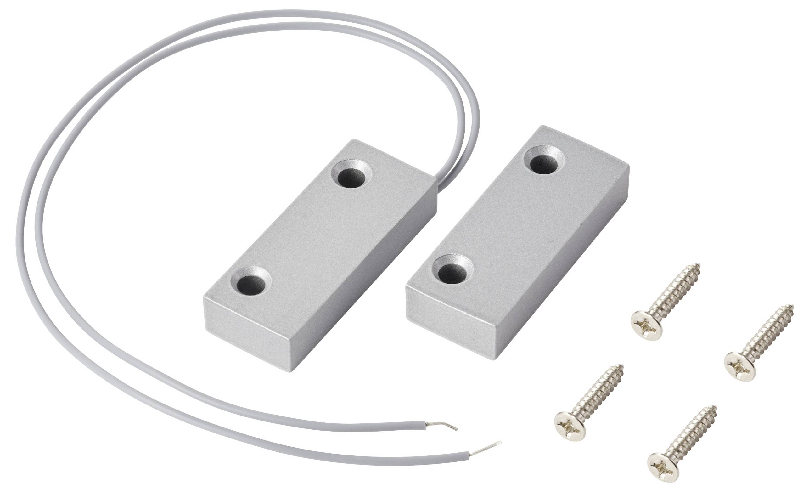 'Two silver magnetic door sensors with wires and mounting holes, accompanied by four screws for installation.'