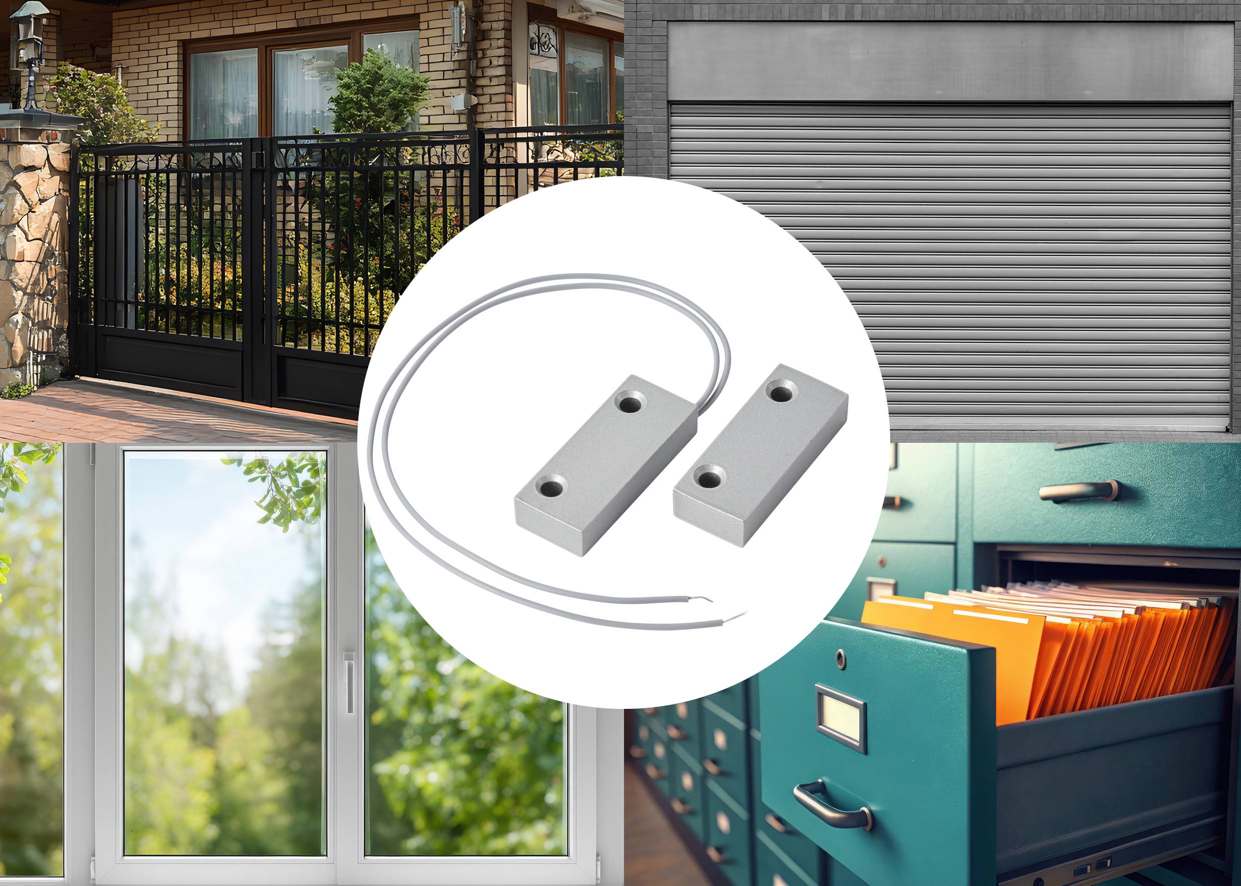 A collage showing a security sensor in the center, with images of a gate, garage door, sliding glass door, and file cabinet surrounding it.