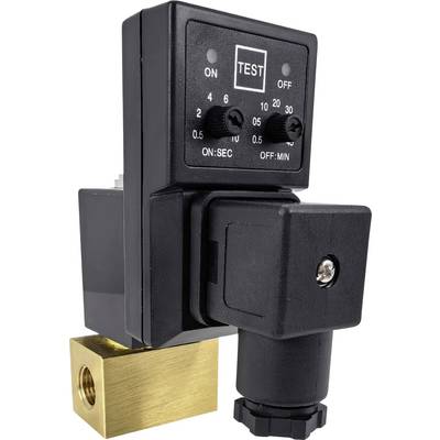 Black electronic timer and valve with adjustable dials for 'ON' and 'OFF' times, labeled in seconds and minutes, attached to a brass fitting.