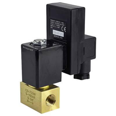 A close-up image of a black and brass solenoid valve. The valve has a label with product and serial number details, used for fluid control.