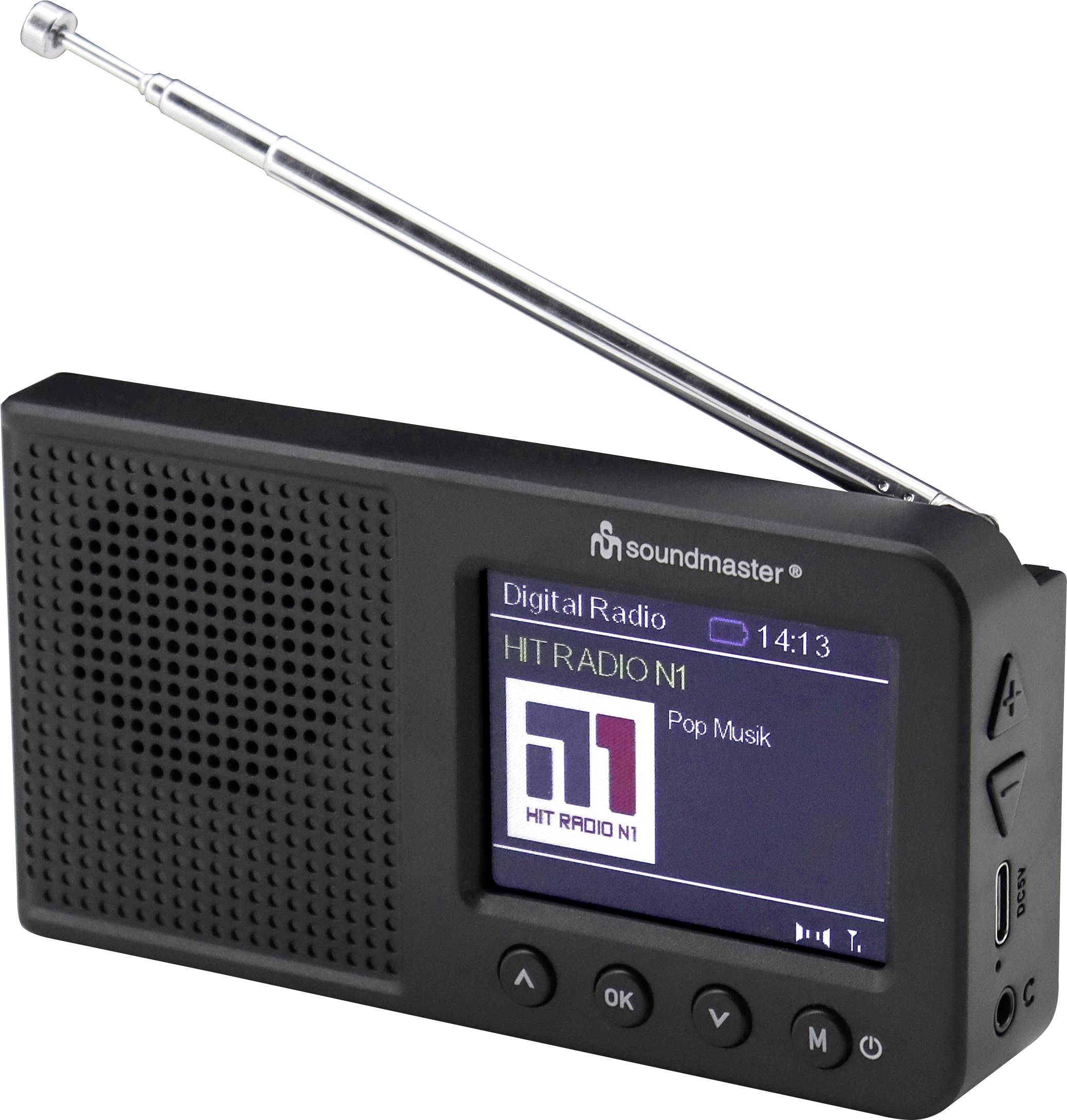 A black portable radio with a small screen displaying 'HT RADIO N1' and 'Pop Musik'. The radio has buttons and an extended antenna.