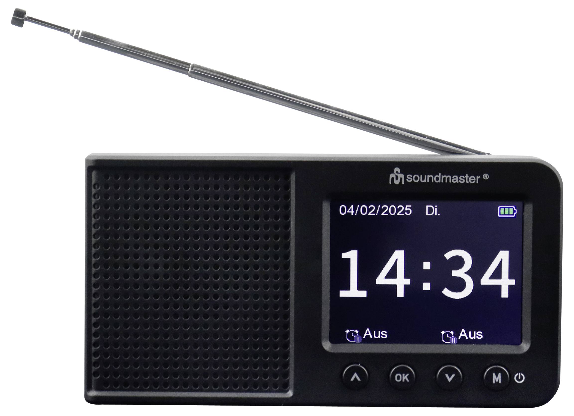 A digital clock radio displays '14:34' on a screen with the date '04/02/2025' and has control buttons below. An antenna extends upward.