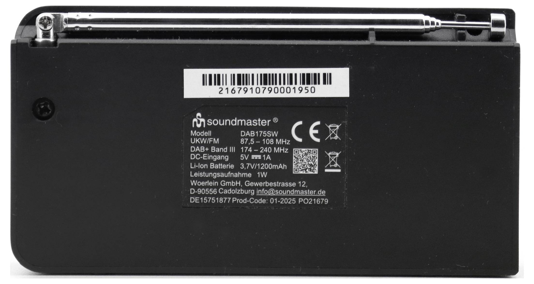 'Soundmaster' DAB+ radio rear view showing model DAB7SW label, antenna extended, and product details like frequency range and battery type.