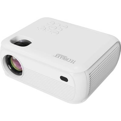 A white portable projector with lens on the left, power button, and input controls on top. The brand name is visible on the surface.