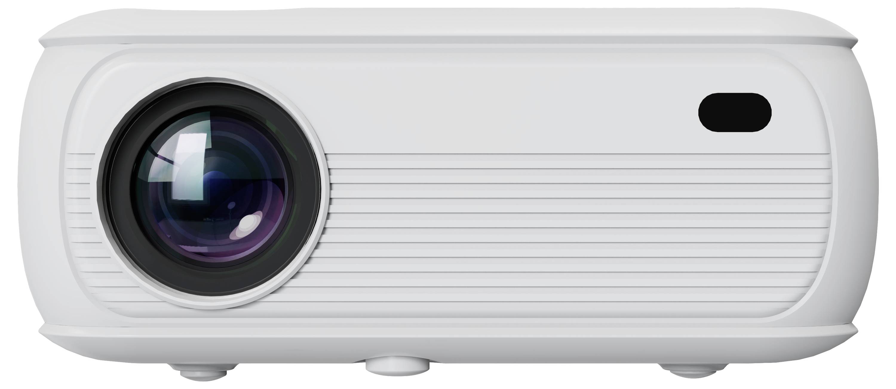 A white digital projector with a prominent lens on the left and a small black sensor on the right.