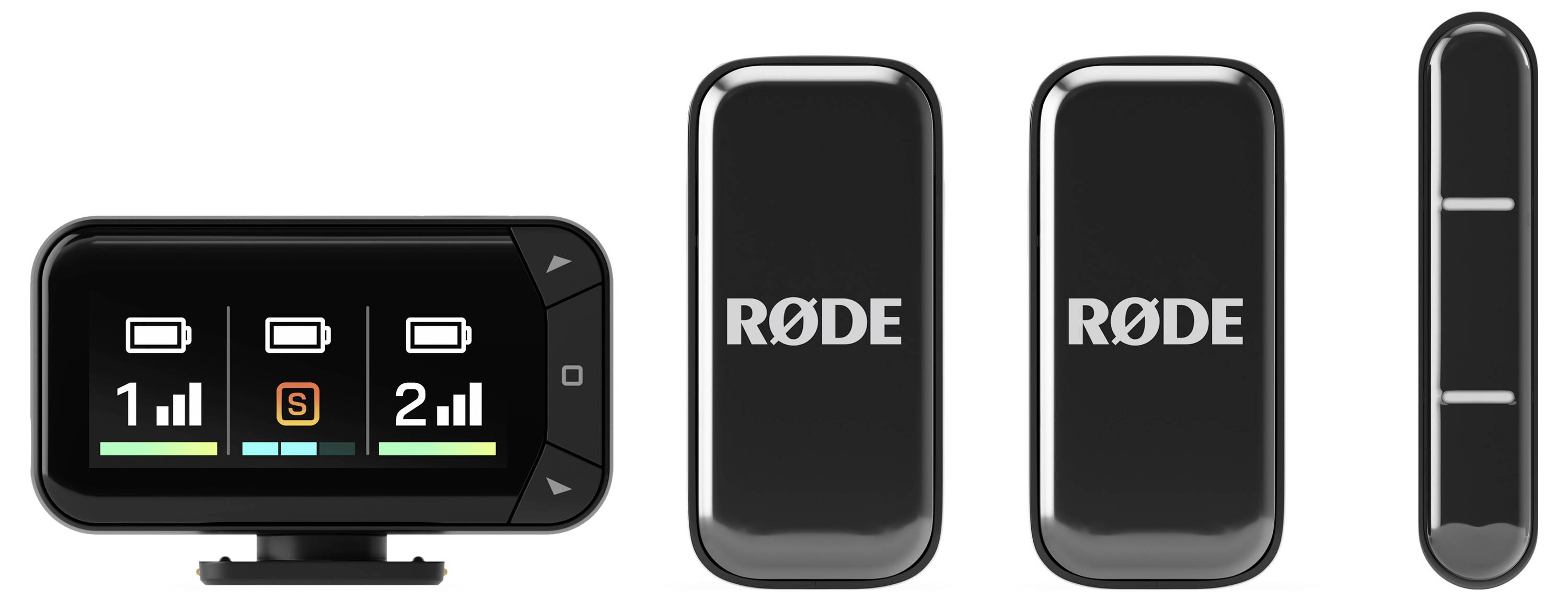 A wireless microphone system featuring a receiver with batteries and signal indicators on the screen, alongside two transmitters.