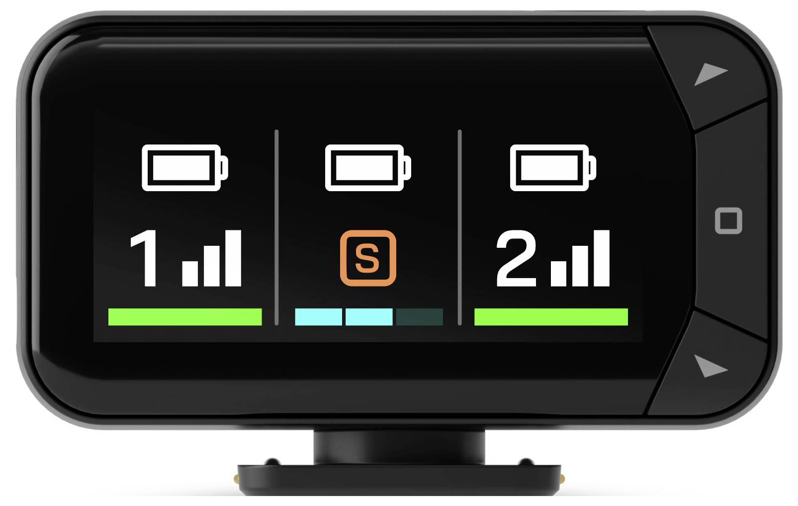 'Display shows two battery levels with signal indicators. Battery 1 is full; Battery 2's signal is strong; 'S' icon in center.'
