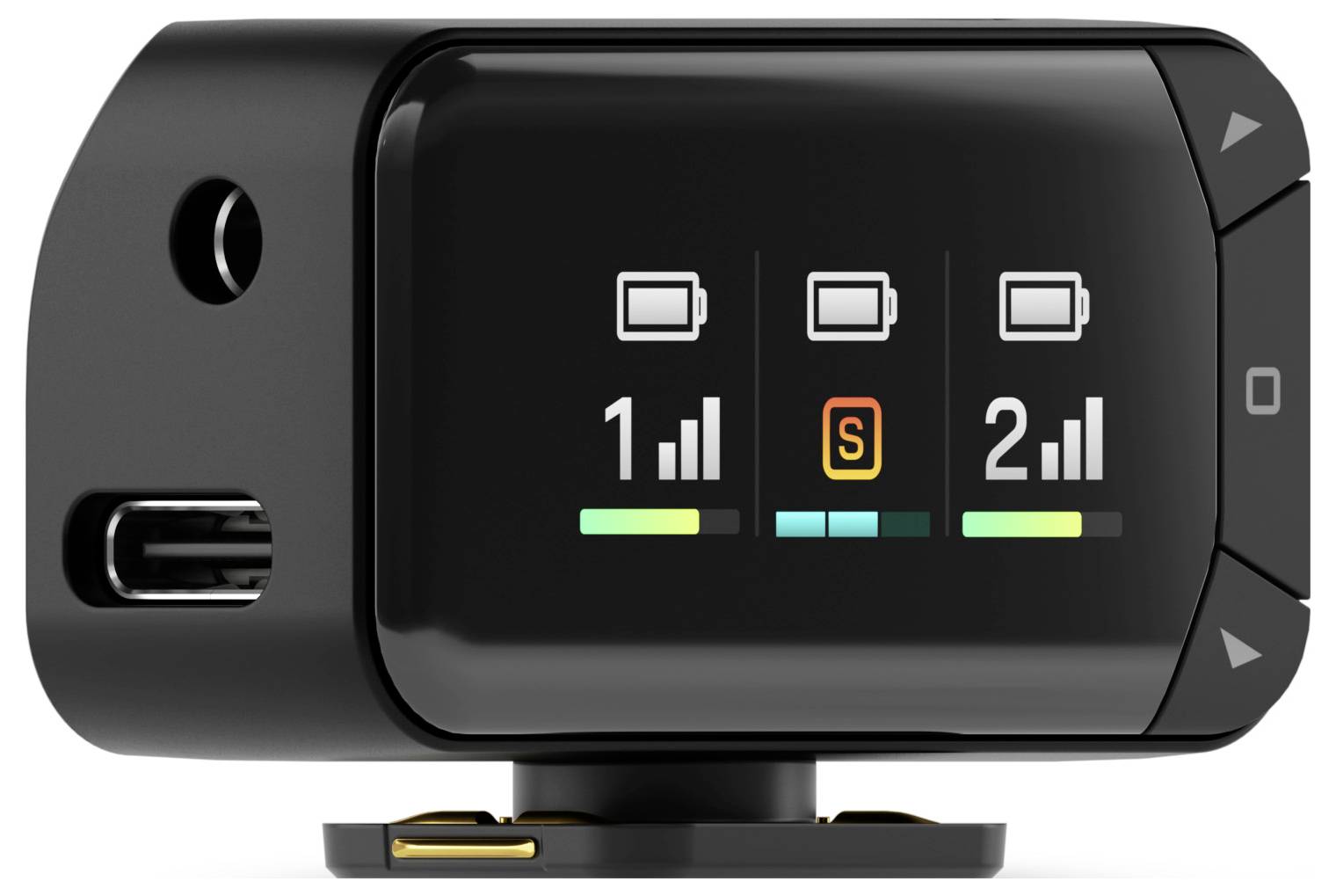 Dual battery charger display showing charge levels for two batteries, with battery one nearly full and battery two partially charged.
