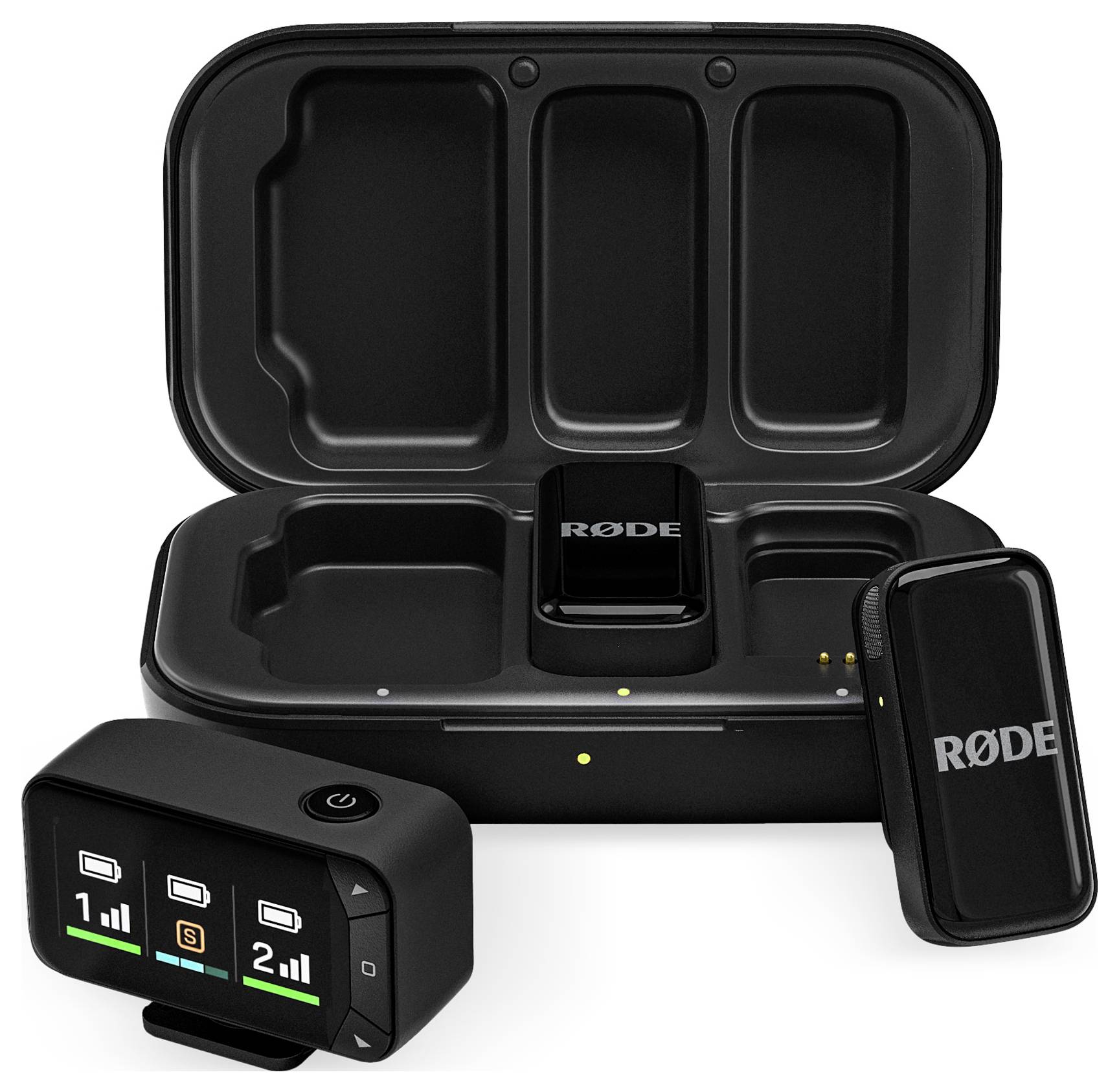 RØDE wireless microphone and receiver set with a black charging case. Displays battery levels and channels on the receiver's screen.