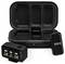 RØDE wireless microphone and receiver set with a black charging case. Displays battery levels and channels on the receiver's screen.