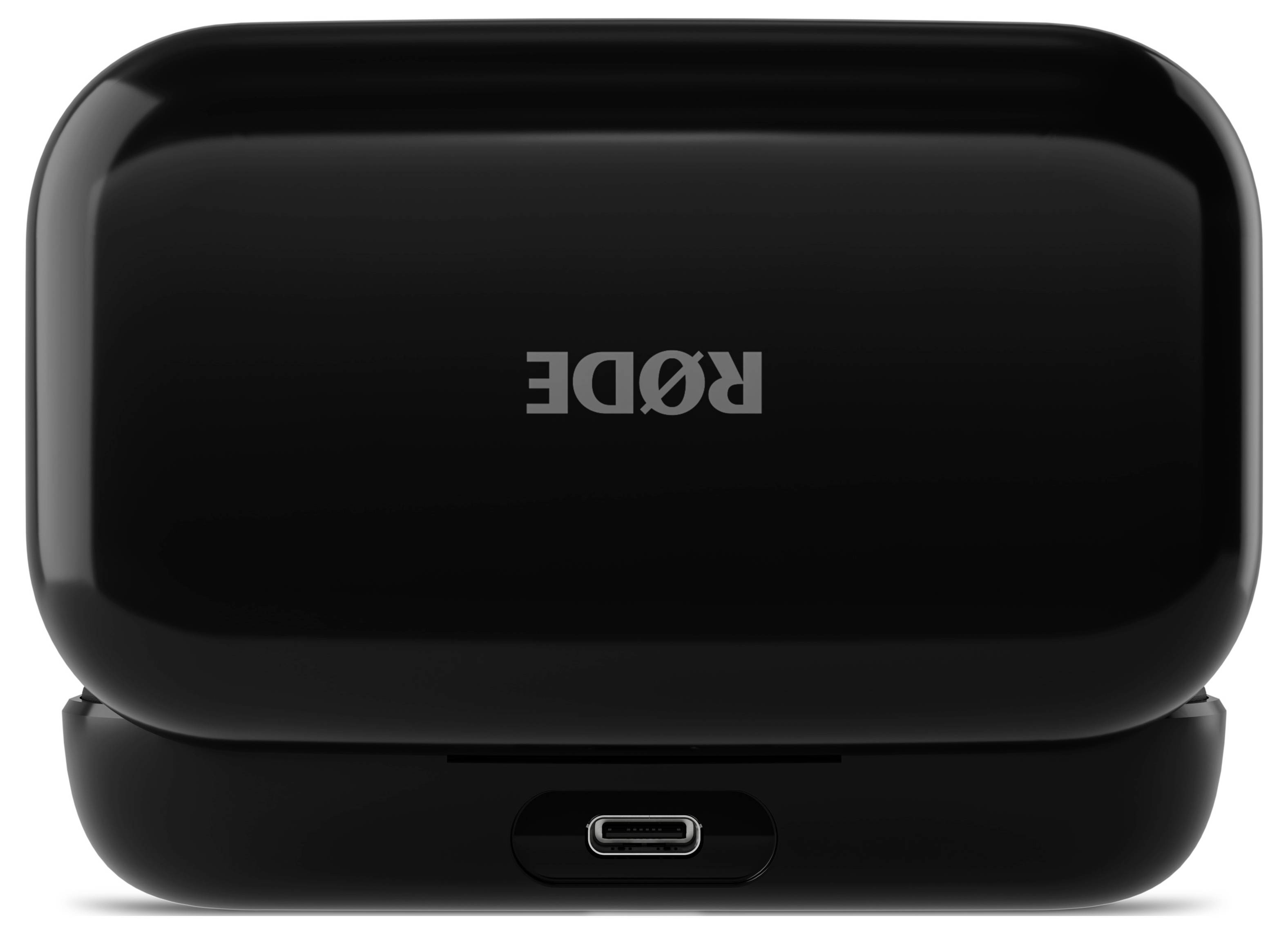 A black rectangular wireless earbuds charging case with a USB-C port at the bottom. The brand name 'RØDE' is printed on the lid.