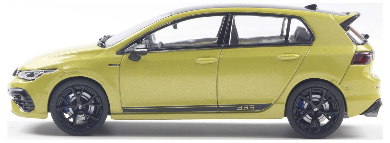 A yellow hatchback car, side view, showcasing sleek design with black accents and sporty features.