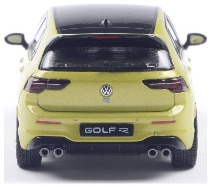 A yellow Volkswagen Golf R viewed from the rear, showing dual exhausts and a black roof. The 'Golf R' badge is visible.