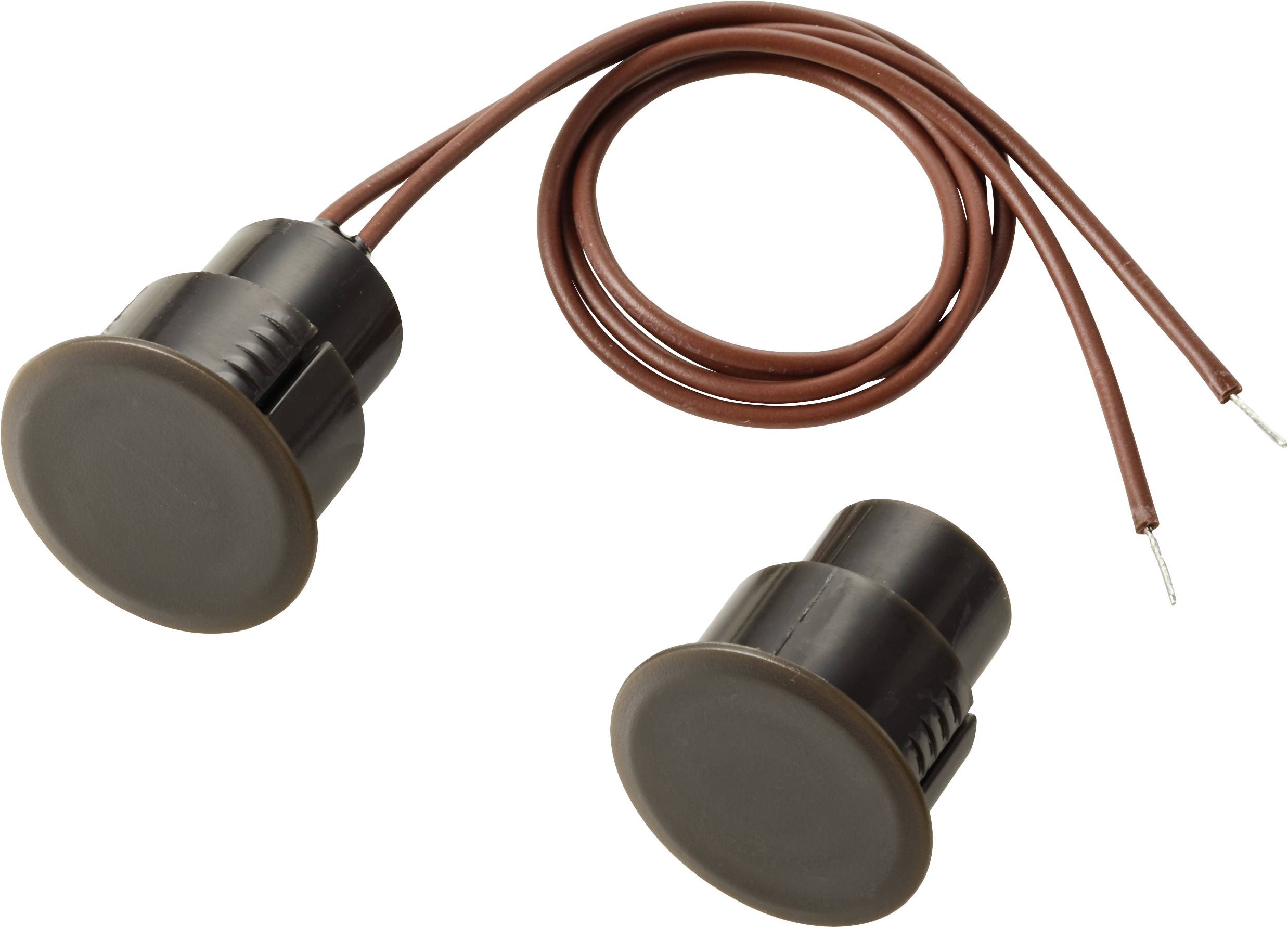 Two cylindrical black sensors with attached brown wires positioned on a light background.
