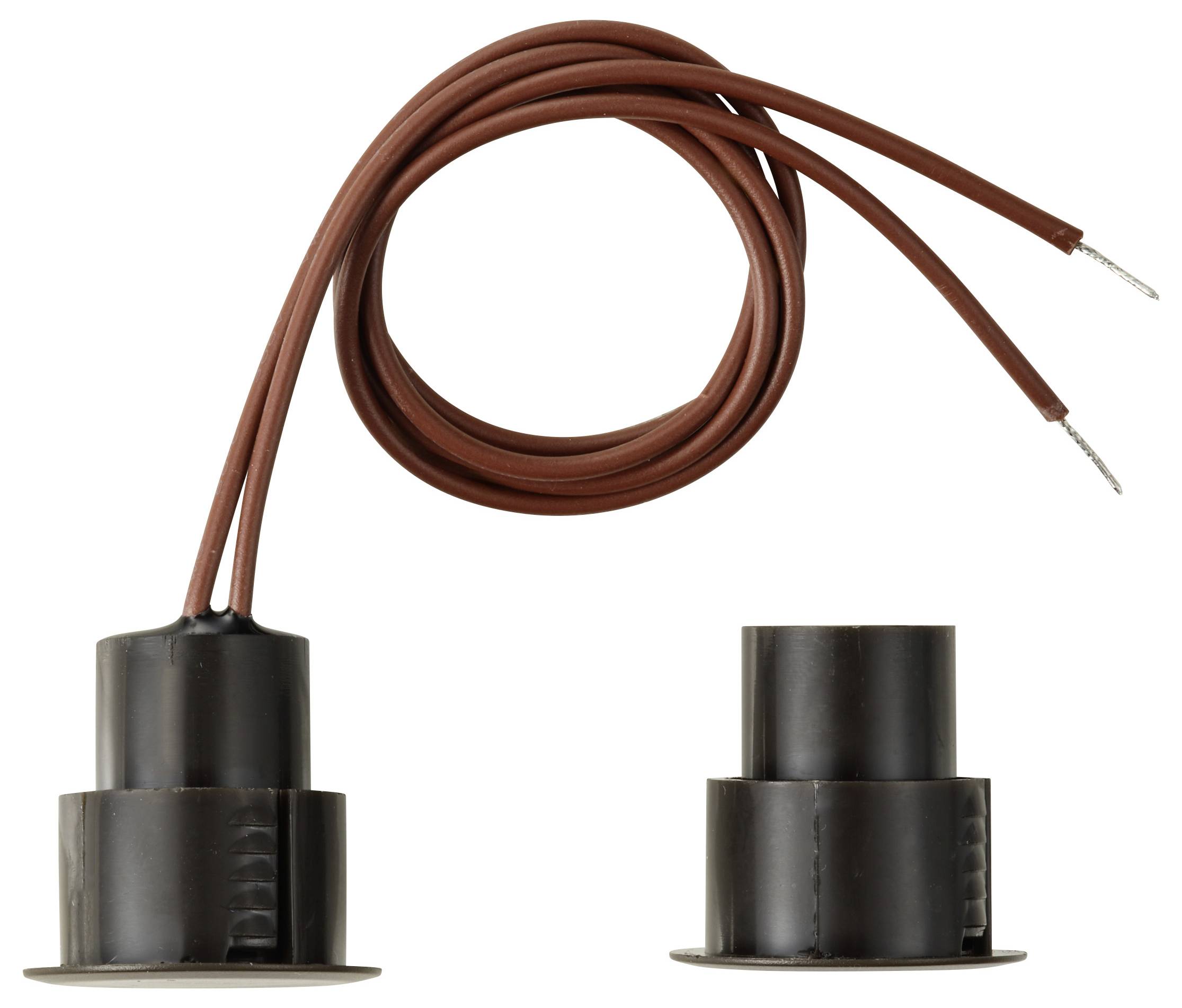 Two black cylindrical electrical connectors, one with a coiled brown wire attached, and one without, isolated on a white background.
