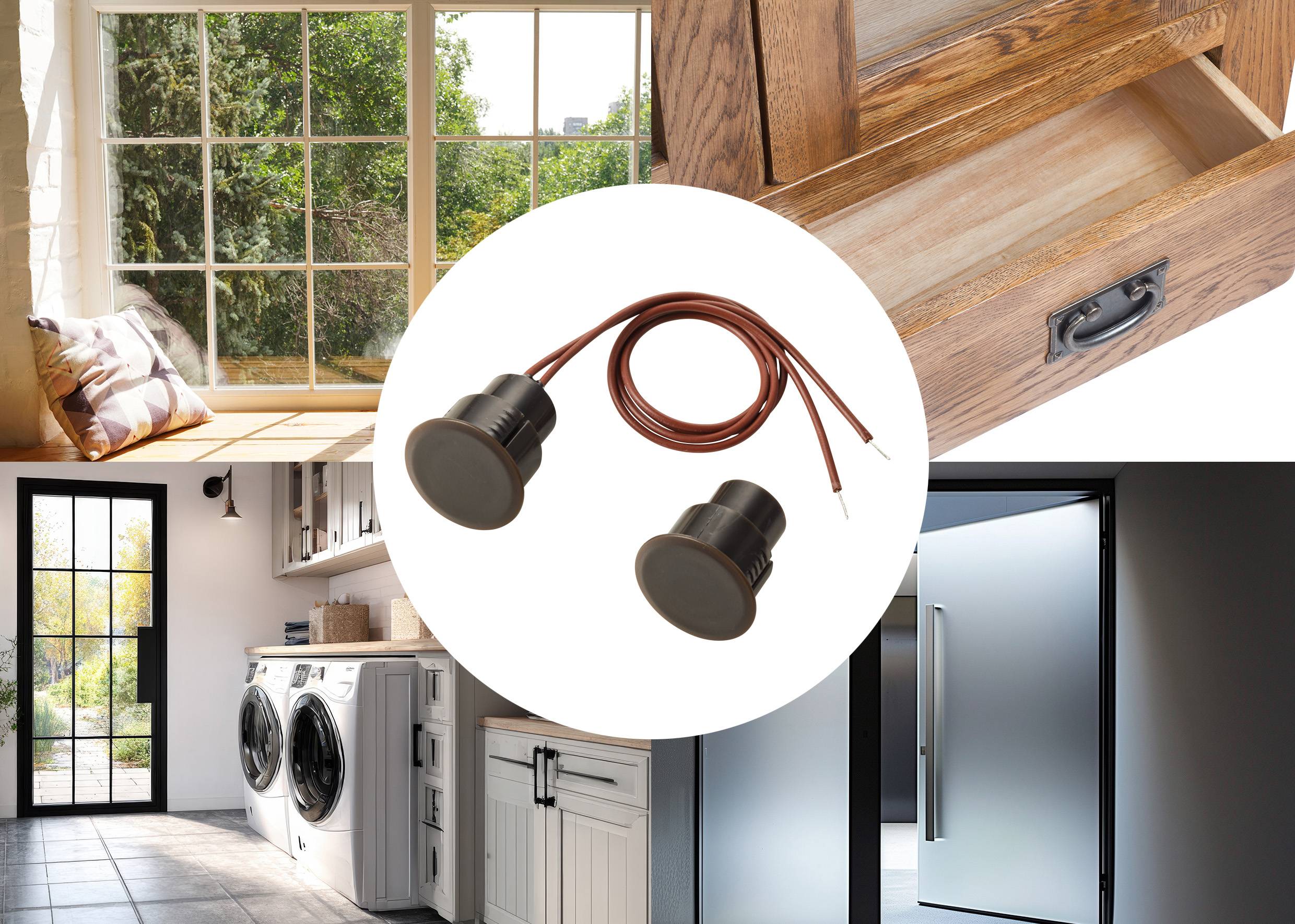 'Wood brown recessed round door contact sensor for hidden cabinet door monitoring systems, shown in home interior settings.'