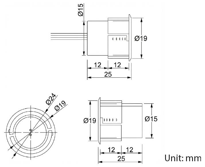 'Technical drawing of cylindrical object, labeled dimensions: diameter 15mm and 19mm; length 25mm, with unit indicated as mm.'