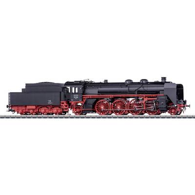 A black and red vintage steam locomotive with detailed wheels and visible mechanisms, resting on tracks, showcasing intricate engineering design.