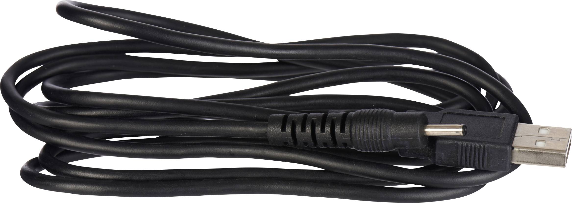 A coiled black USB cable with a standard USB plug at one end, suitable for connecting devices like computers and peripherals.
